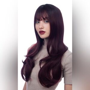 25” Burgundy Synthetic Wig with Dark Roots – Loose Curls – Adjustable Cap